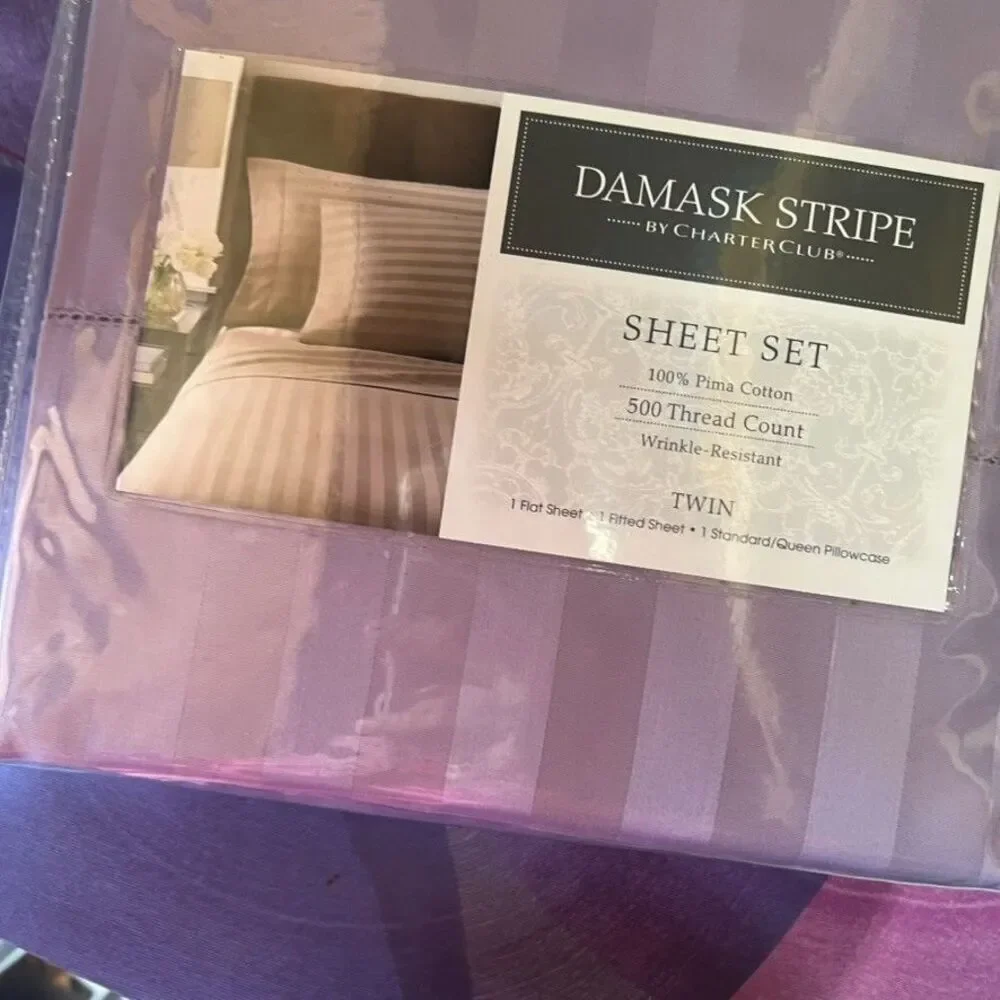 Charter Club Damask Stripe Sheet Set Pima Cotton Twin Purple NEW